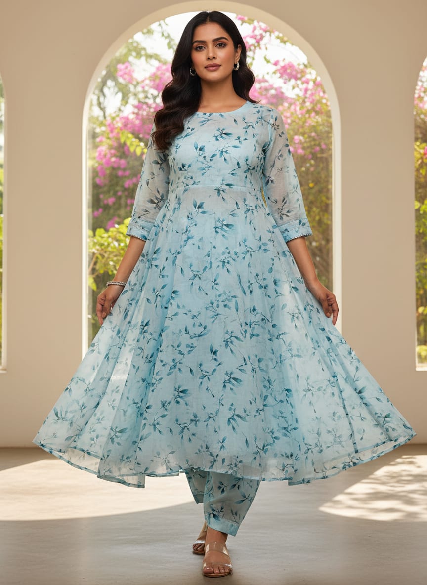 Bluish Thin And Light Leaves Digital Printed Fabric - Muslin