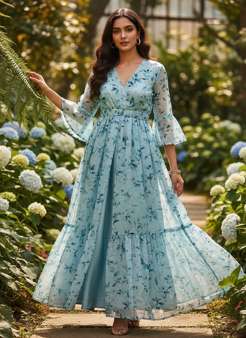 Blue Watercolor Botanical Leaves Muslin Digital Printed Fabric