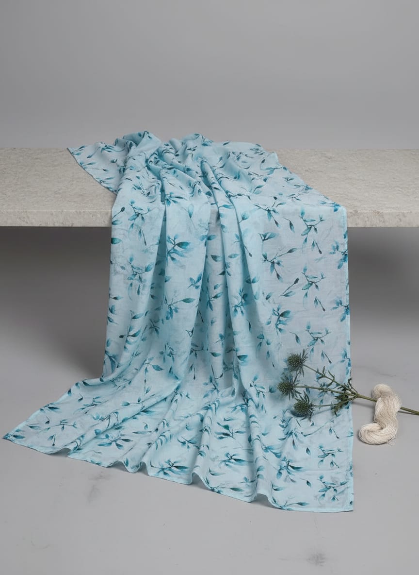 Blue Watercolor Botanical Leaves Muslin Digital Printed Fabric