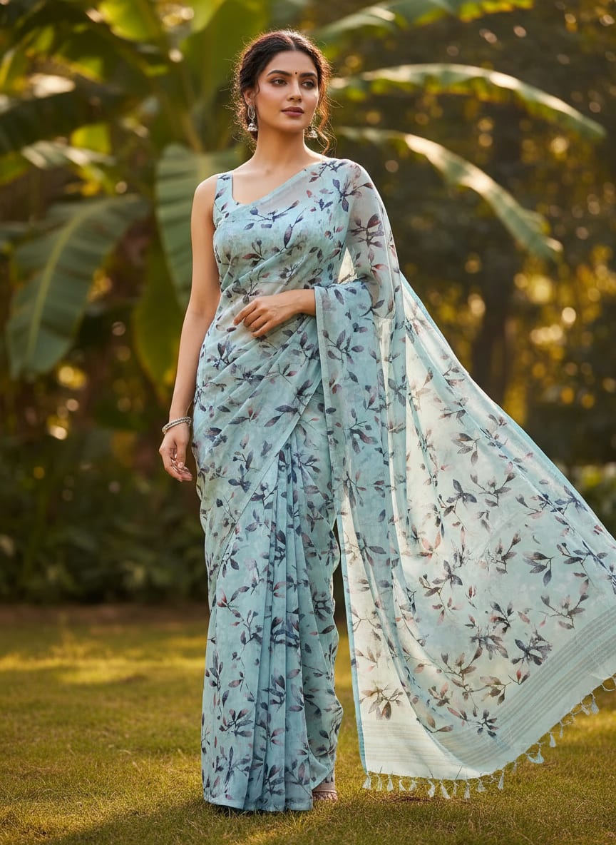 Bluish Thin And Light Leaves Digital Printed Fabric - Crepe