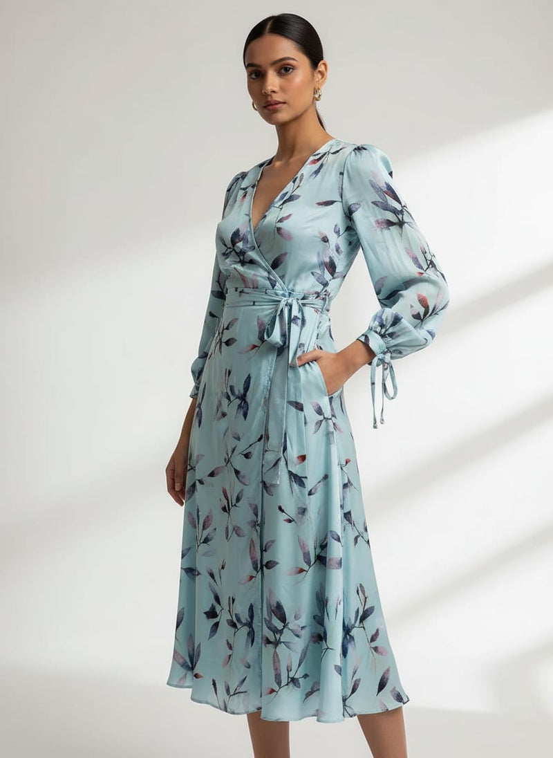 Bluish Thin And Light Leaves Digital Printed Fabric - Crepe