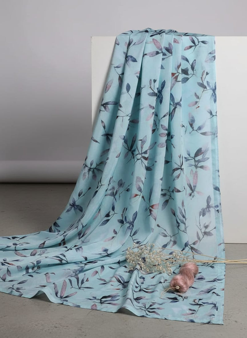 Bluish Thin And Light Leaves Digital Printed Fabric - Crepe