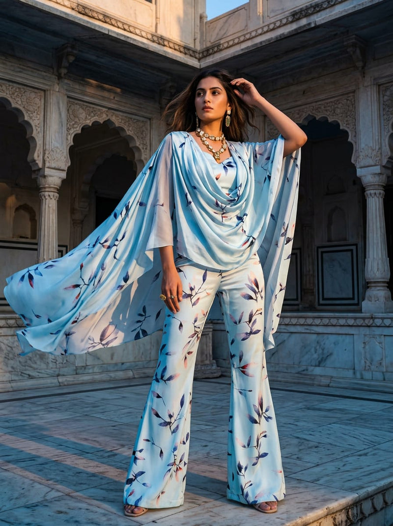Blue Artistic Botanical Leaf Print Silk Crepe Digital Printed Fabric