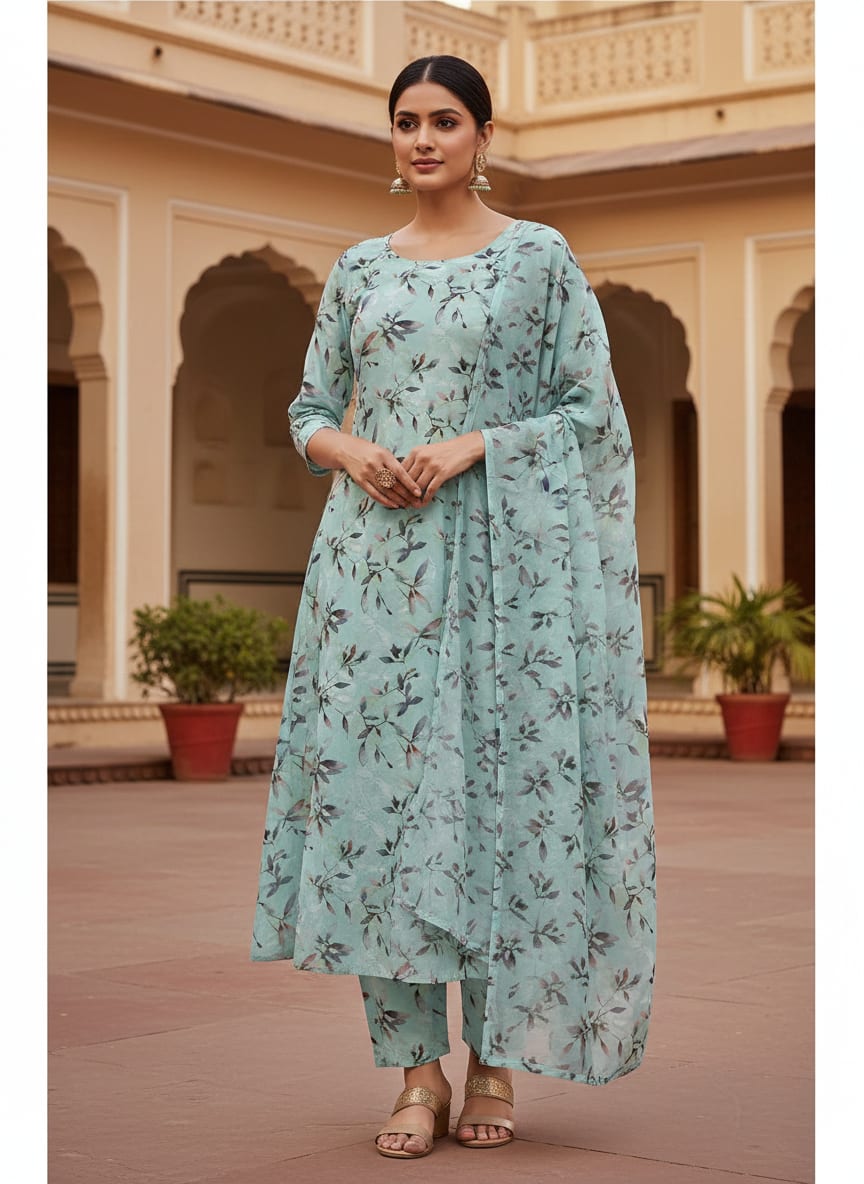 Bluish Thin And Light Leaves Digital Printed Fabric - Pure Cotton