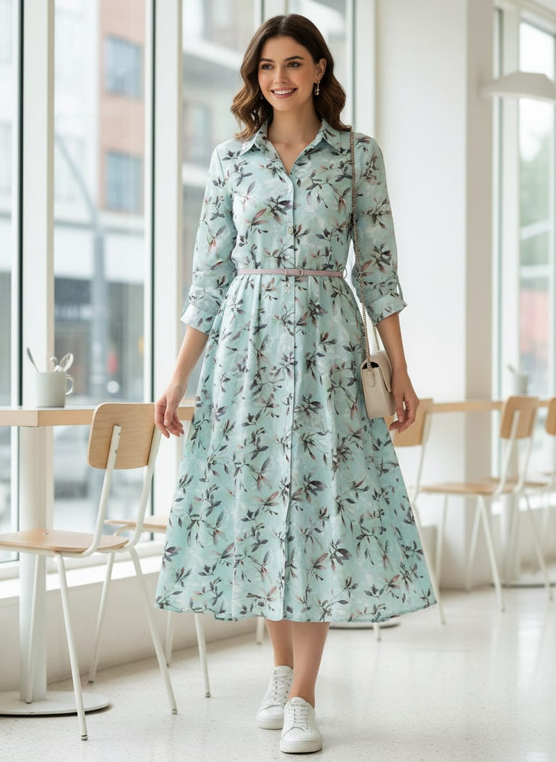 Bluish Thin And Light Leaves Digital Printed Fabric - Pure Cotton
