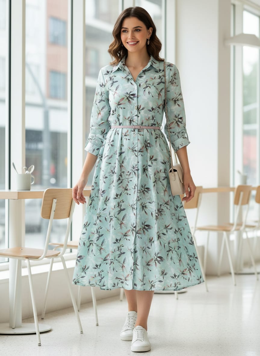 Bluish Thin And Light Leaves Digital Printed Fabric - Pure Cotton