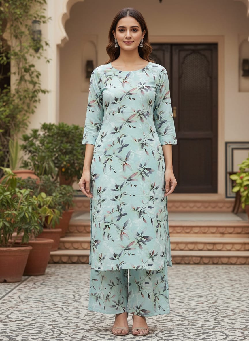 Bluish Thin And Light Leaves Digital Printed Fabric - Pure Cotton