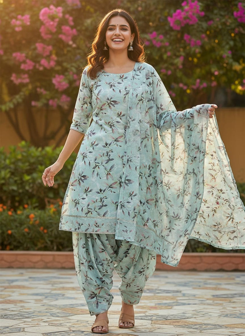 Bluish Thin And Light Leaves Digital Printed Fabric - Pure Cotton