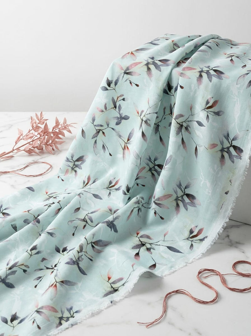Blue Watercolour Botanical Leaf Print Pure Cotton Digital Printed Fabric