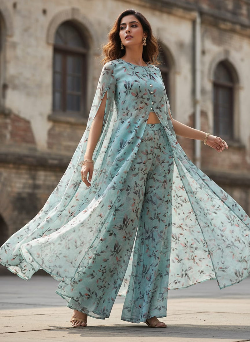 Bluish Thin And Light Leaves Digital Printed Fabric - Pure Georgette
