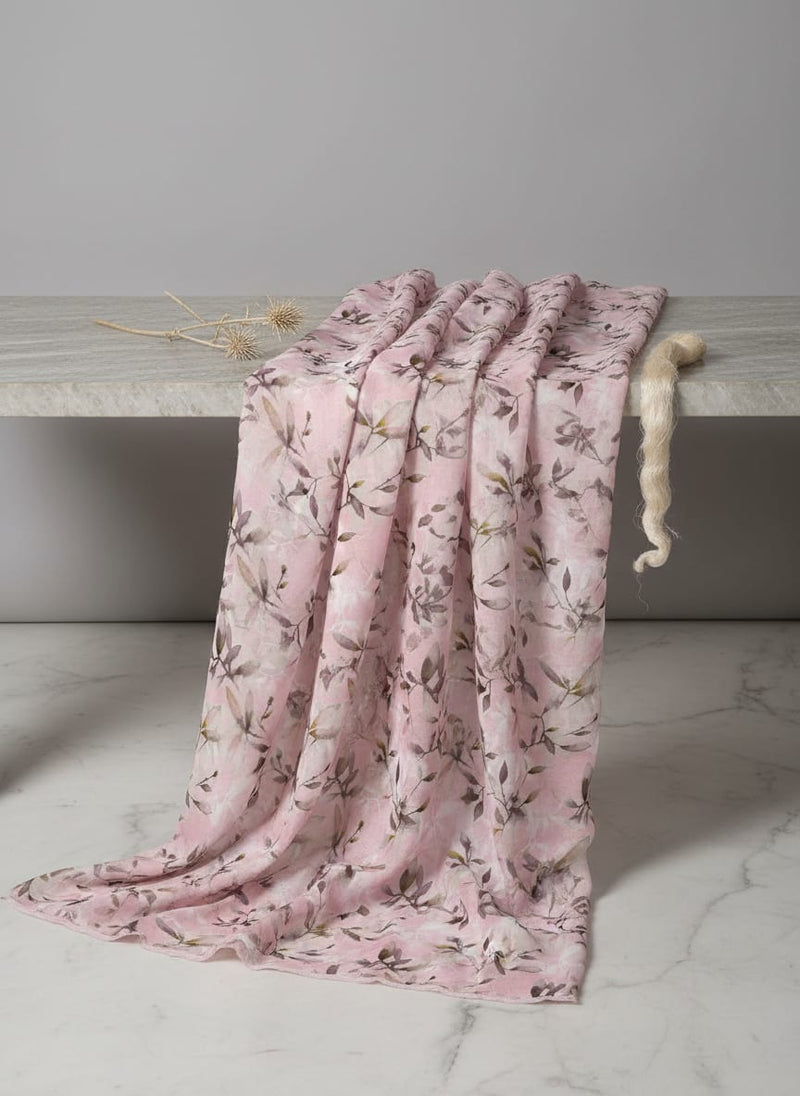 Pinkish Thin And Light Leaves Digital Printed Fabric - Tusser Silk