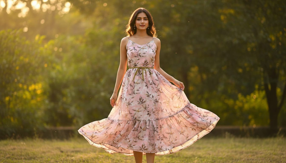 Pinkish Thin And Light Leaves Digital Printed Fabric - Kora Silk