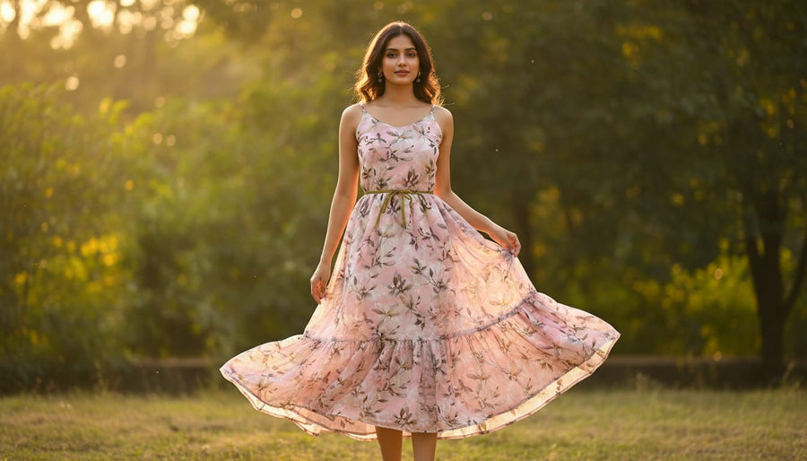 Pinkish Thin And Light Leaves Digital Printed Fabric - Kora Silk
