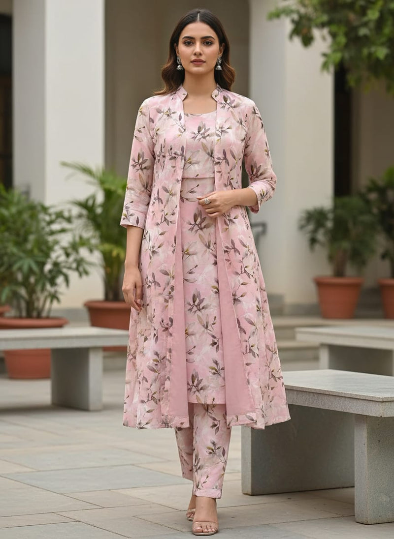 Pinkish Thin And Light Leaves Digital Printed Fabric - Kora Silk
