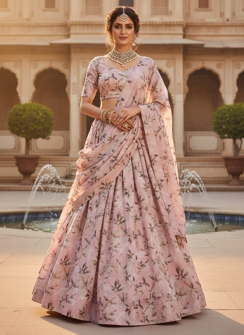 Pinkish Thin And Light Leaves Digital Printed Fabric - Kora Silk