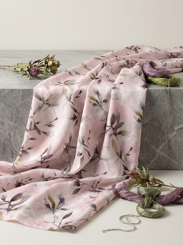 Pink Watercolour Botanical Leaf Kora Silk Digital Printed Fabric - Fabric Editorial Studio Flatlay Lookbook - KS-0-TA05861P3-110