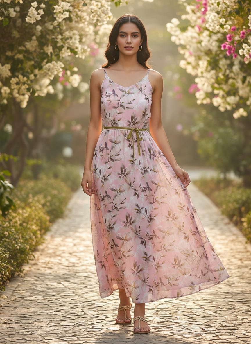 Pinkish Thin And Light Leaves Digital Printed Fabric - Crepe
