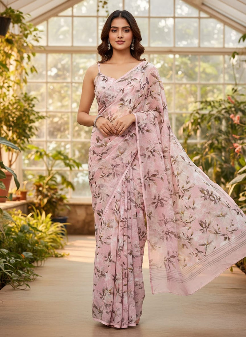 Pink Watercolour Botanical Leaves Silk Crepe Digital Printed Fabric