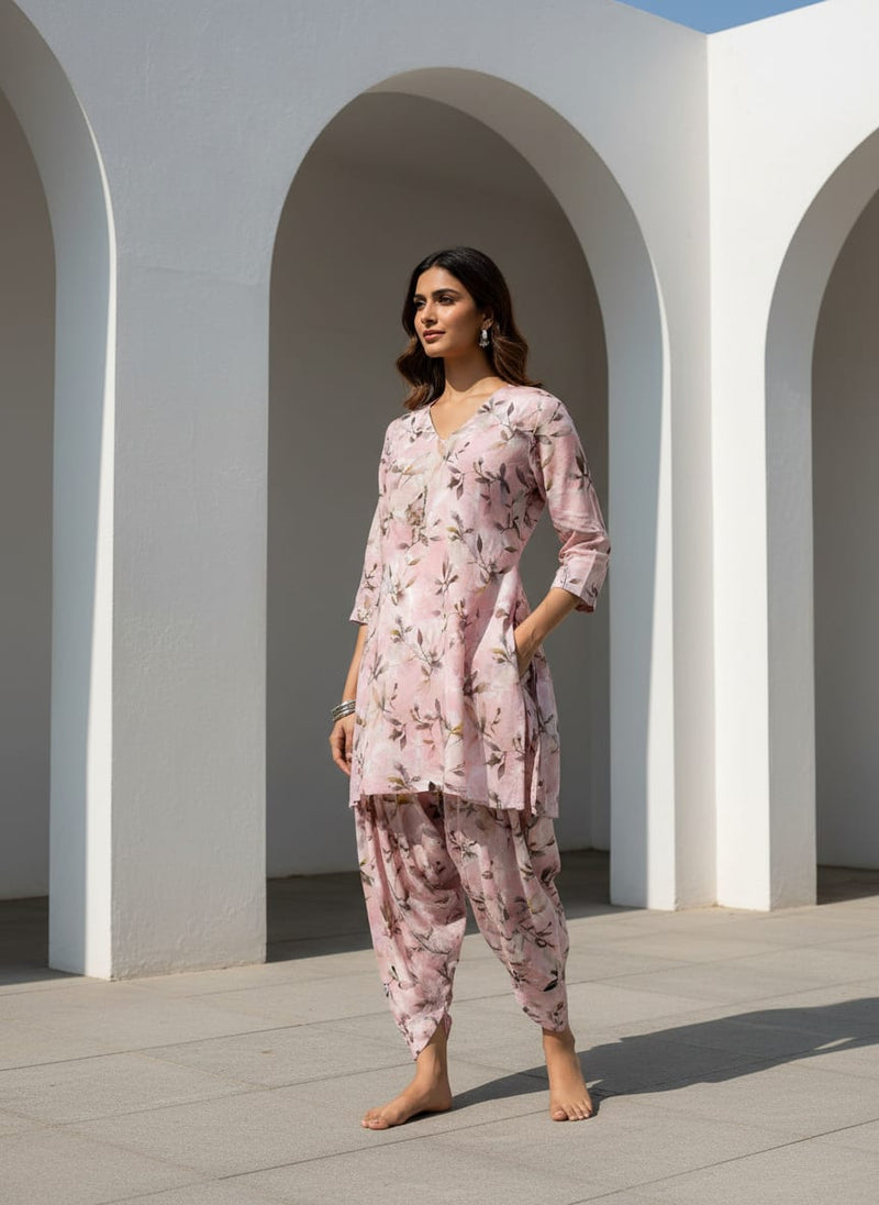 Pinkish Thin And Light Leaves Digital Printed Fabric - Pure Cotton