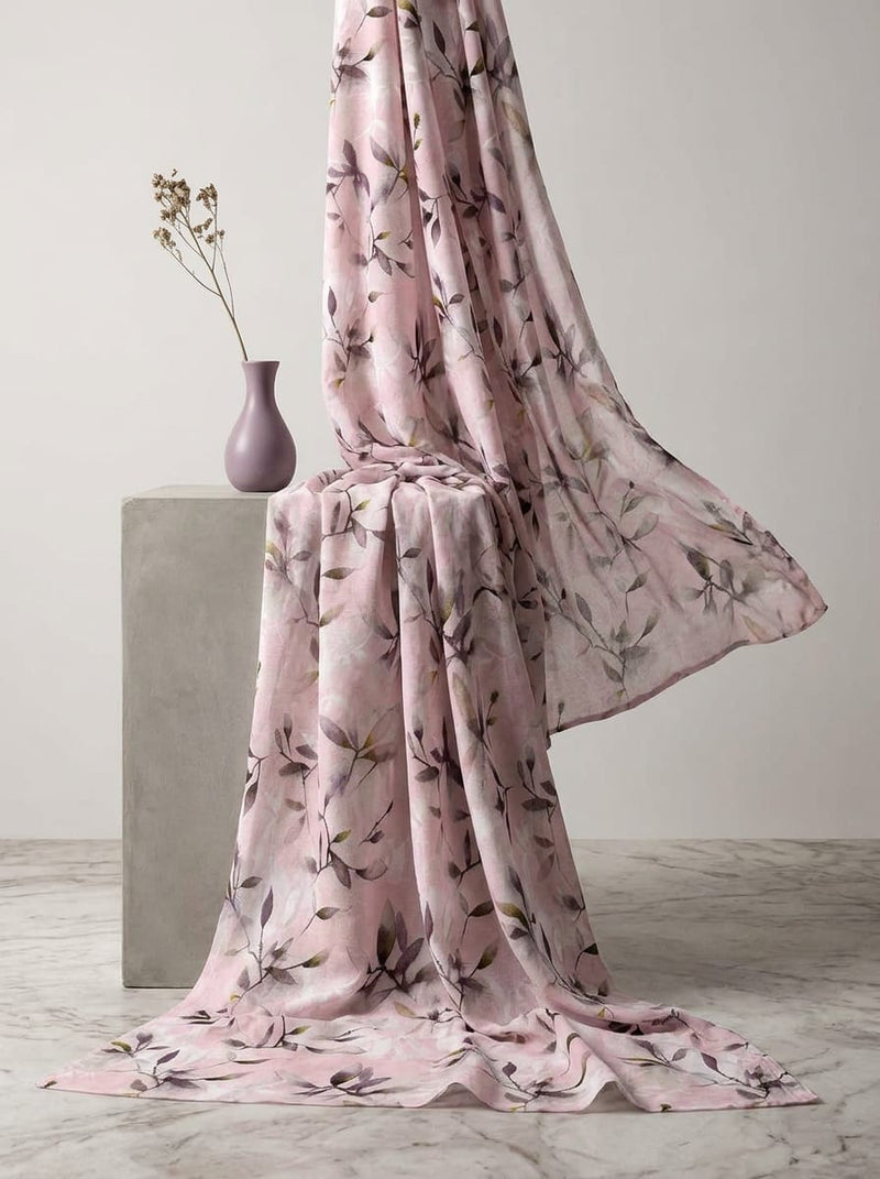 Pink Painterly Botanical Leaves Pure Cotton Digital Printed Fabric