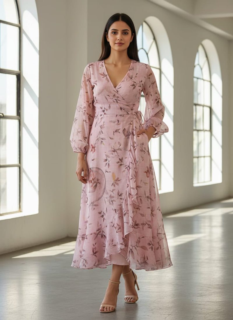 Pinkish Thin And Light Leaves Digital Printed Fabric - Pure Georgette