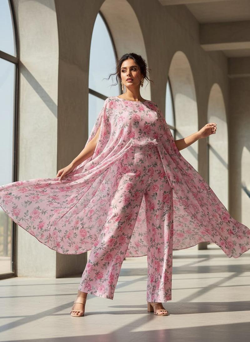 Pink Rose Allover Digital Printed Fabric - Tusser Silk