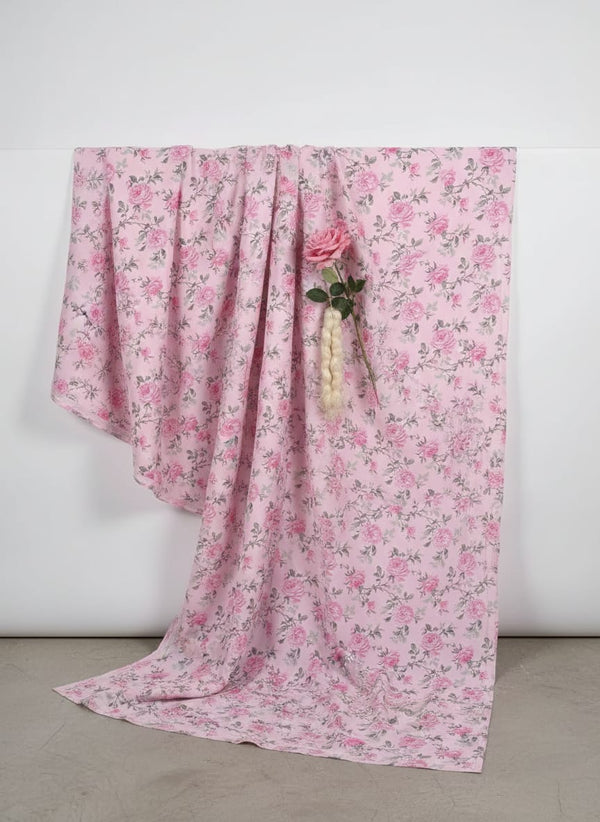 Pink Vintage English Rose Floral Tusser Silk Digital Printed Fabric - Fabric Editorial Studio Flatlay Lookbook - TS-0-TA06118P2-110