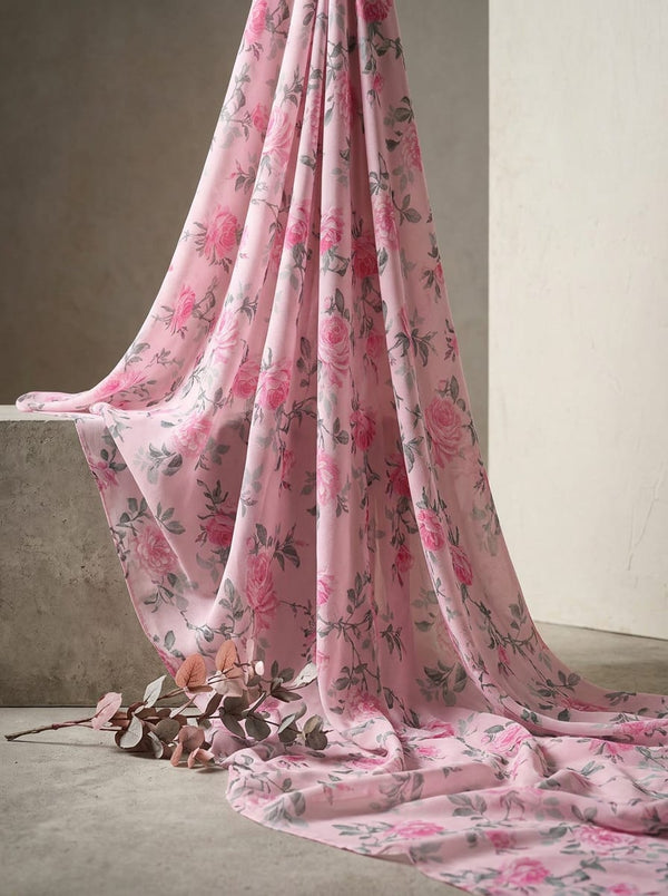 Pink Vintage Rose Floral Pattern Kora Silk Digital Printed Fabric - Fabric Editorial Studio Flatlay Lookbook - KS-0-TA06118P2-110