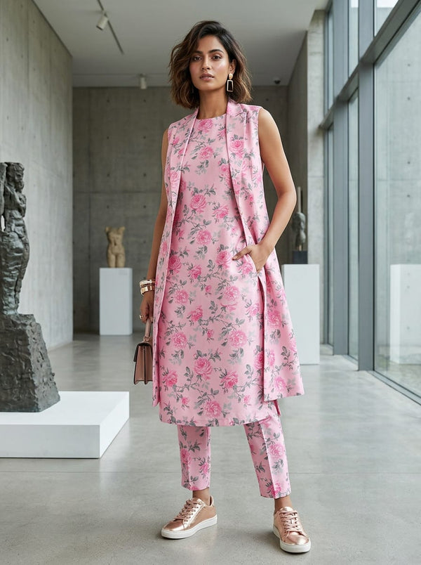 Pink Vintage Rose Floral Pattern Kora Silk Digital Printed Fabric - Jacket Kurta with Straight Pants Lookbook - KS-0-TA06118P2-110 - alternate view