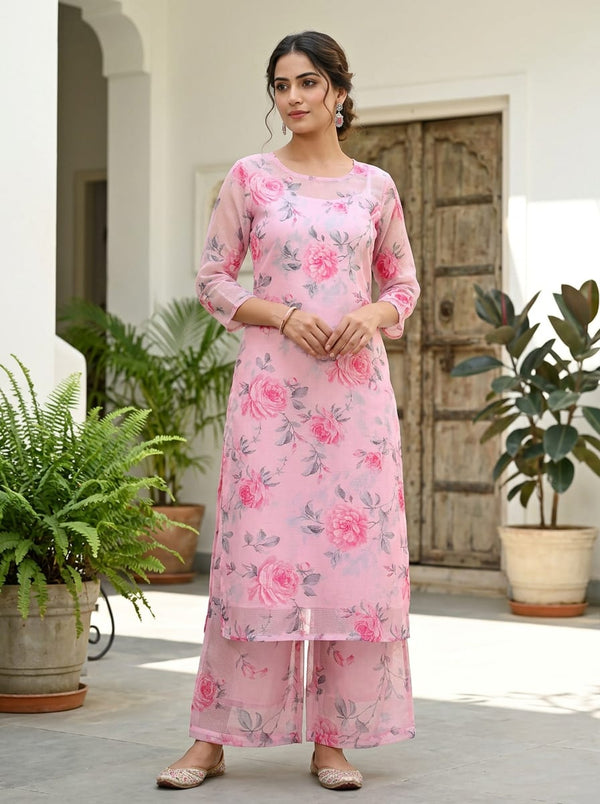 Pink Vintage Rose Floral Kota Doria Digital Printed Fabric - Straight Kurta with Palazzo Lookbook - KD-0-TA06118P2-110 - alternate view