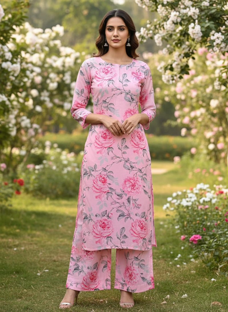 Pink Rose Allover Digital Printed Fabric - Muslin
