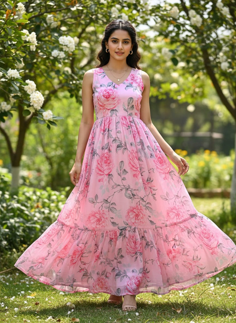 Pink Rose Allover Digital Printed Fabric - Muslin