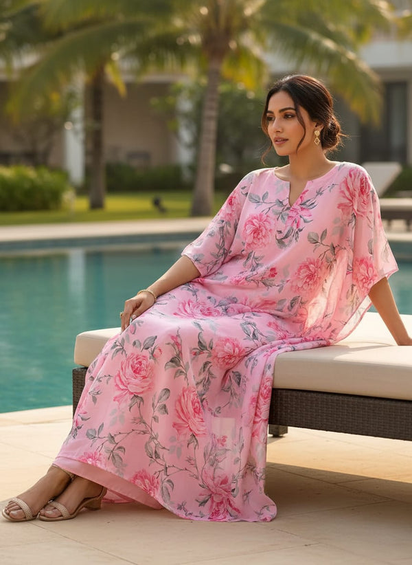 Pink Rose Allover Digital Printed Fabric - Muslin - Kaftan Lookbook - MU-0-TA06118P2-110 - alternate view