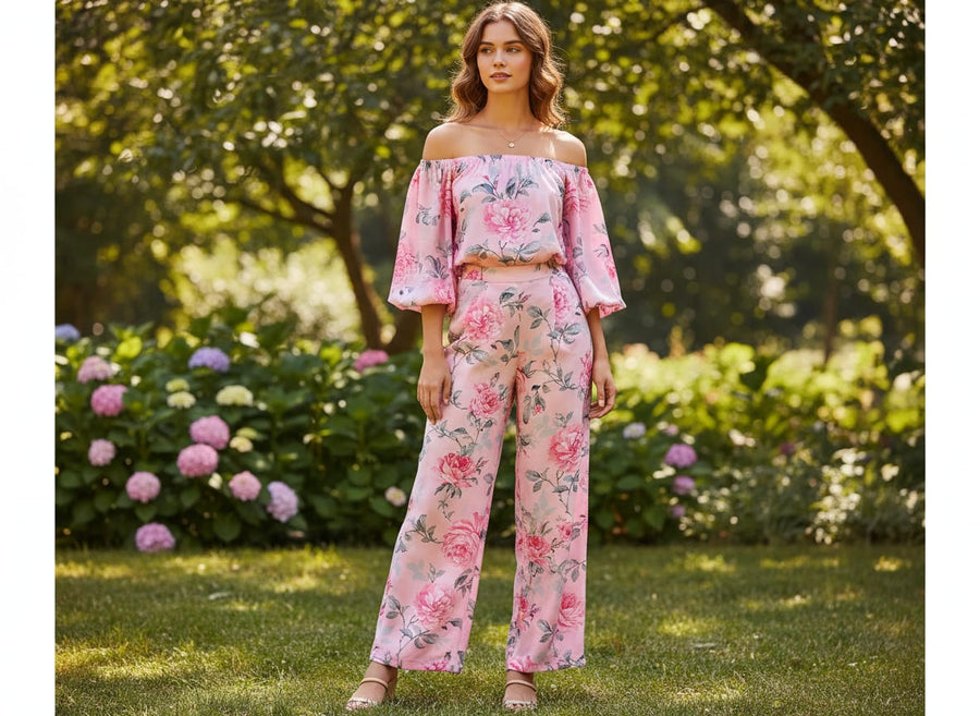 Pink Rose Allover Digital Printed Fabric - Crepe