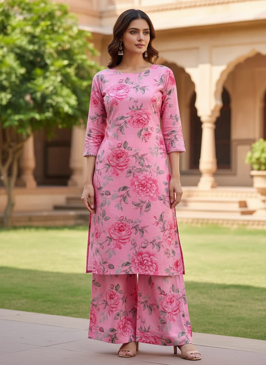 Pink Classic Rose Floral Pure Cotton Digital Printed Fabric