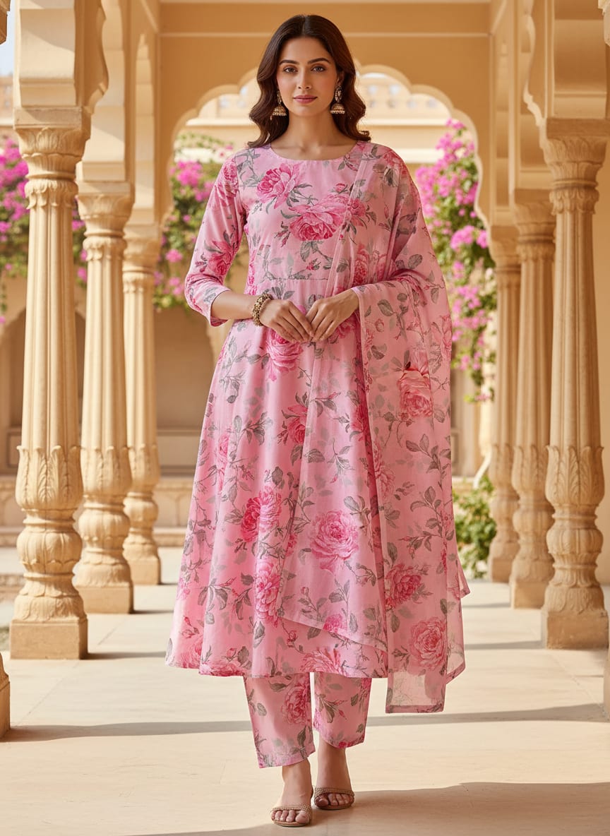Pink Classic Rose Floral Pure Cotton Digital Printed Fabric