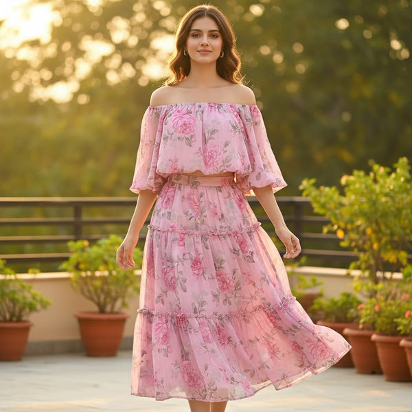 Pink Rose Allover Digital Printed Fabric - Pure Georgette - alternate view