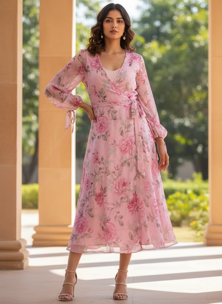 Pink Rose Allover Digital Printed Fabric - Pure Georgette