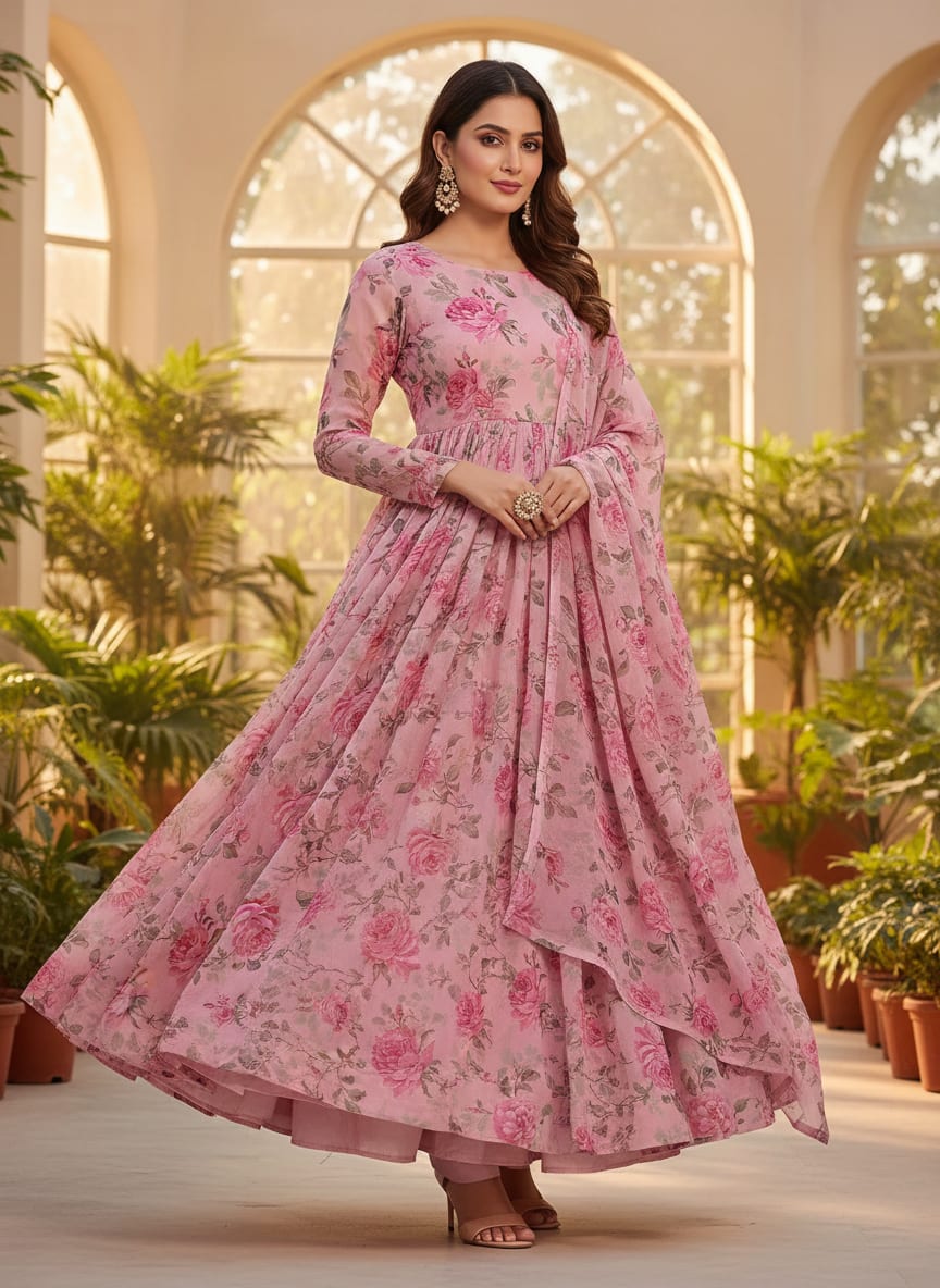 Pink Rose Allover Digital Printed Fabric - Pure Georgette