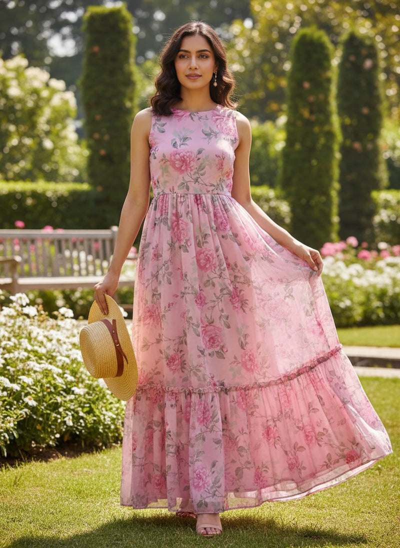 Pink English Rose Floral Pure Georgette Digital Printed Fabric