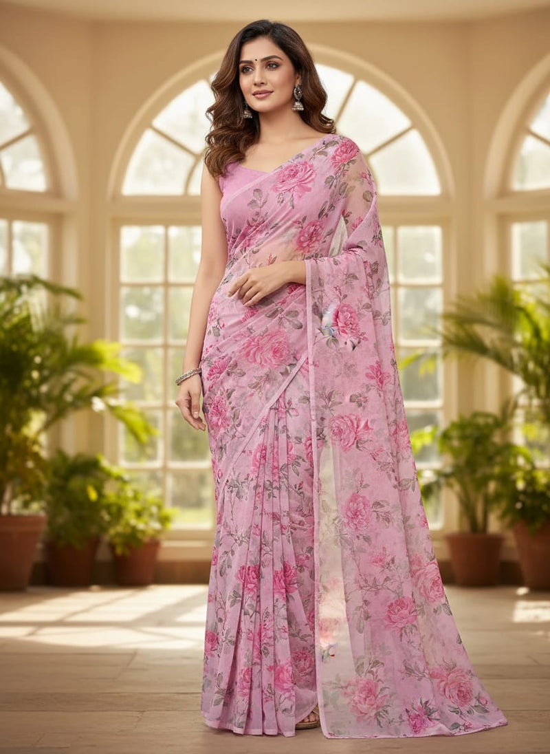 Pink Rose Allover Digital Printed Fabric - Pure Georgette