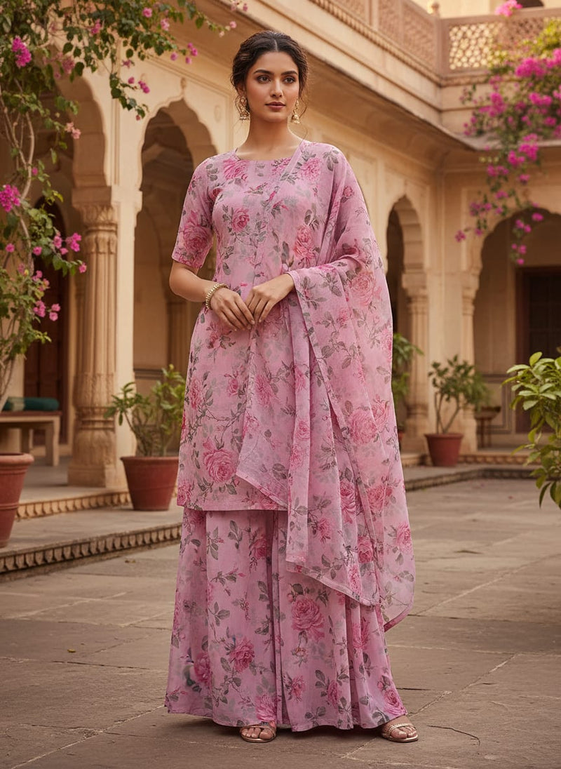 Pink English Rose Floral Pure Georgette Digital Printed Fabric