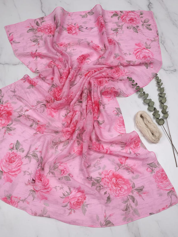 Pink Rose Allover Digital Printed Fabric - Pure Chinon