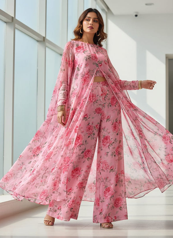 Pink Rose Allover Digital Printed Fabric - Pure Chinon - Cape with Palazzo Lookbook - PC-0-TA06118P2-106 - alternate view