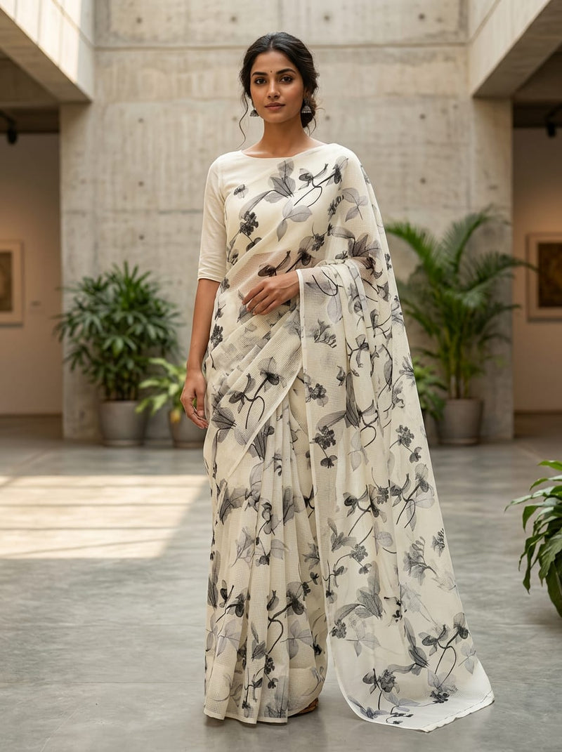 White Monochrome Shadow Floral Kota Doria Digital Printed Fabric