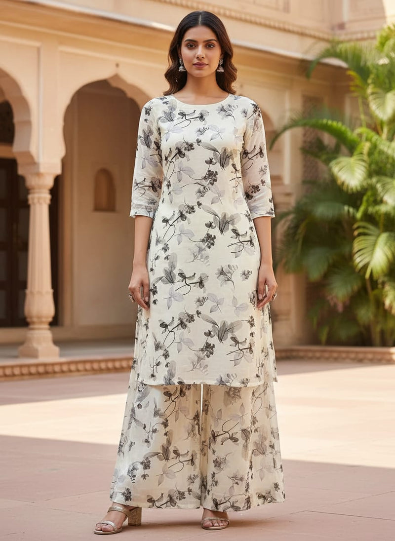 White Monochrome Shadow Floral Kota Doria Digital Printed Fabric