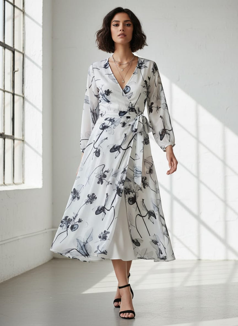 White Monochrome Botanical Shadow Print Silk Crepe Digital Printed Fabric