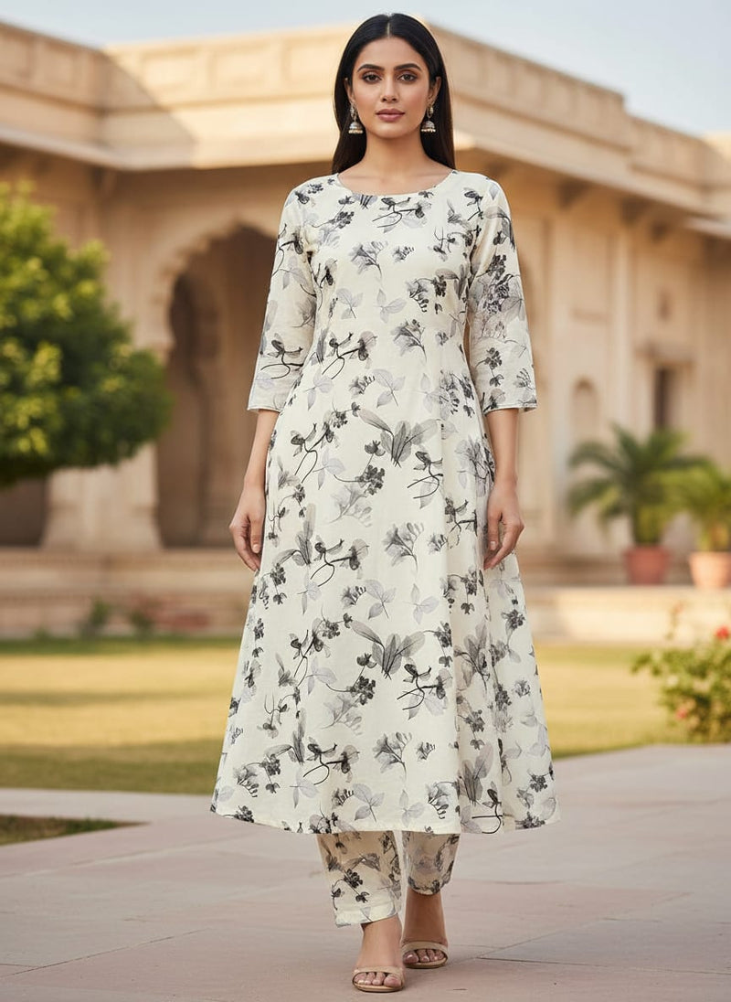 Black Floating Flowers Digital Printed Fabric - Pure Muslin