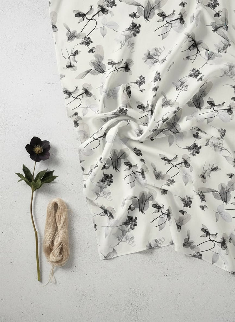 Black Floating Flowers Digital Printed Fabric - Pure Muslin