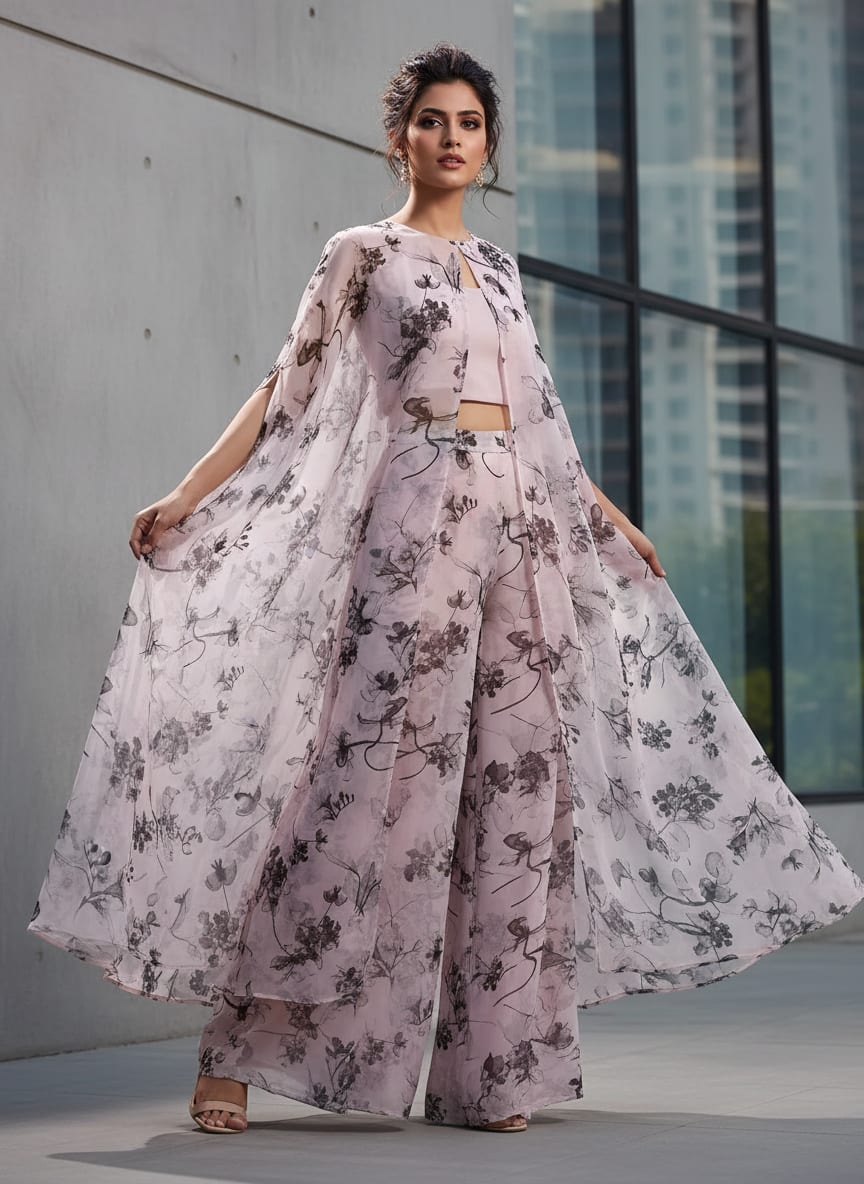 Black Floating Flowers Digital Printed Fabric - Pure Georgette